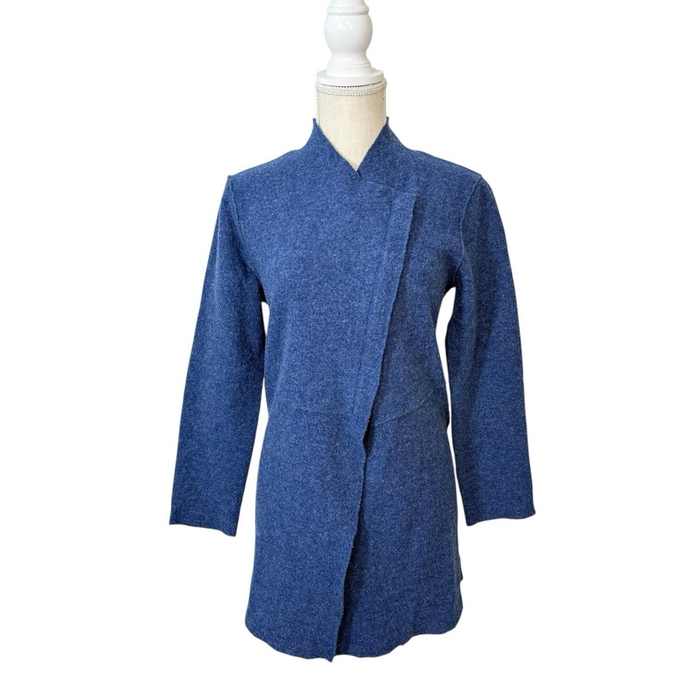 Eileen Fisher Women's Asymmetrical Zipper Boiled Merino Wool Cardigan‎ Blue Sz M